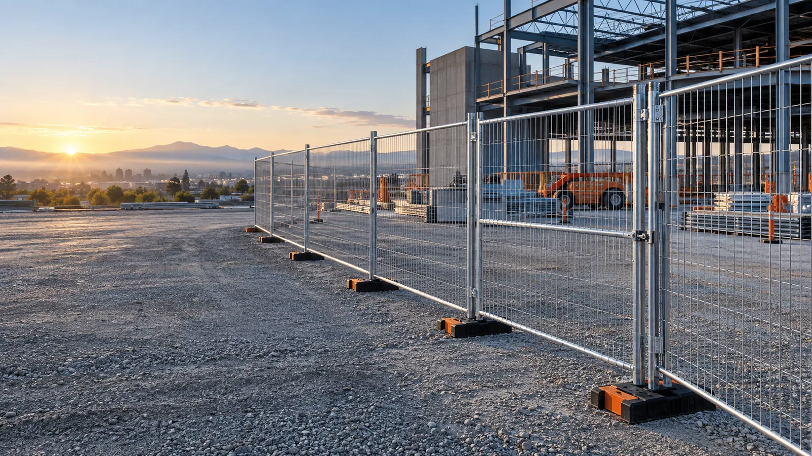 Temporary fence panels installed around a commercial construction site